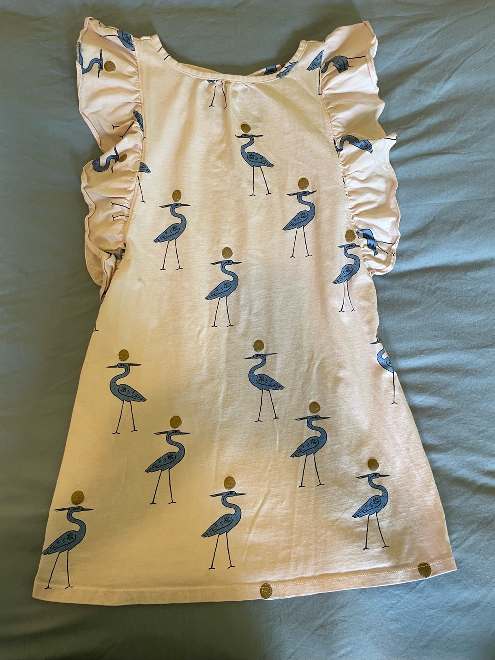 Tea Collection Pale Pink Ruffle-Sleeve Dress with Blue Heron Print